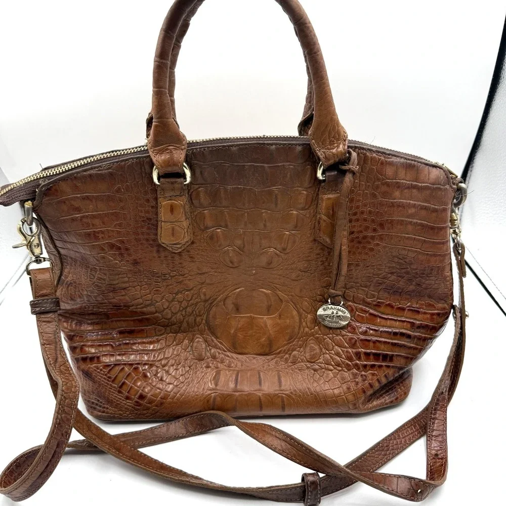Brahmin Satchel Womens Brown Embossed Croc Leather Shoulder Bag Purse Distressed